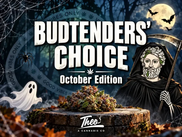 Under a full moon with bats and a ghost, Theo's Budtenders' Choice October Edition banner shows a hooded reaper in a Greek-statue style next to cannabis flower on a stone pedestal
