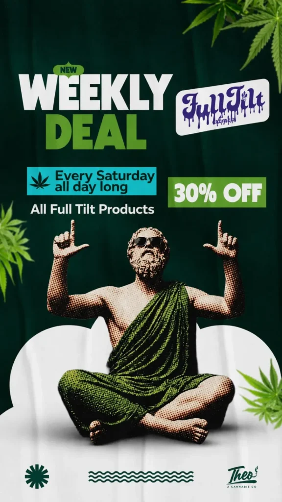Vertical story graphic announcing a new weekly deal: 30% off all Full Tilt Extracts products every Saturday, all day, featuring a halftone-style seated statue making an "L" shape with both hands against a dark green backdrop.