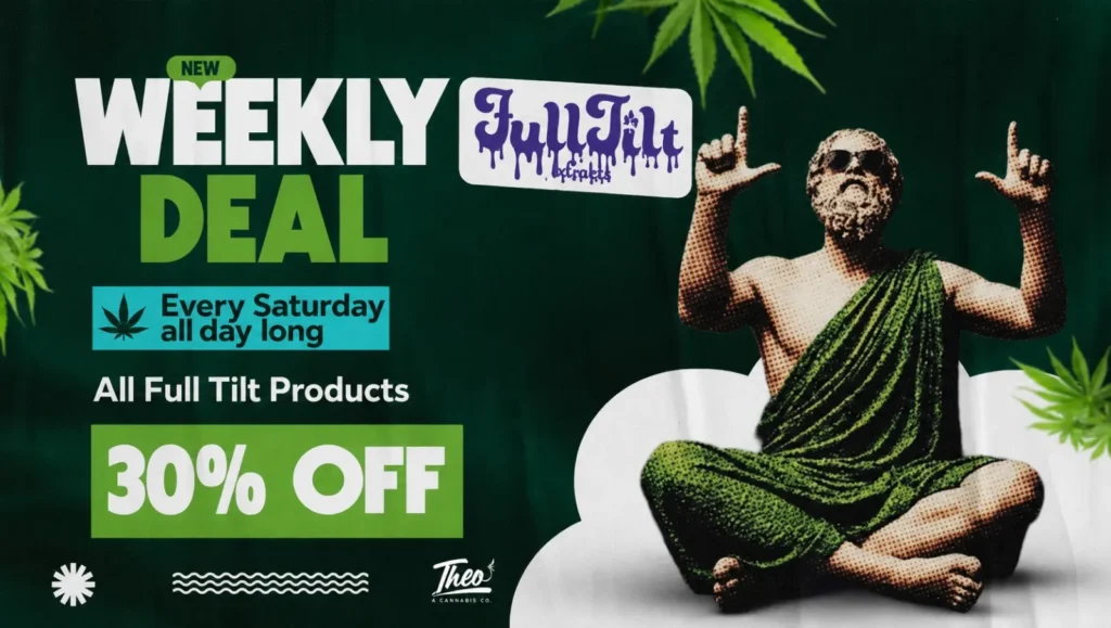Horizontal feed graphic for the same Full Tilt Extracts weekly deal — 30% off every Saturday, all day long — with the halftone statue positioned to the right against a dark green backdrop with cannabis leaf accents.