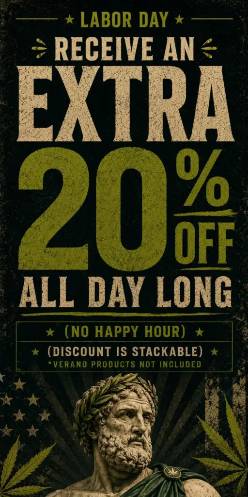 classical statue wearing a laurel wreath stands beneath bold cream and olive-green text announcing an extra 20% off all day for Labor Day, with fine print noting no happy hour stacking exception and that Verano products aren't included.