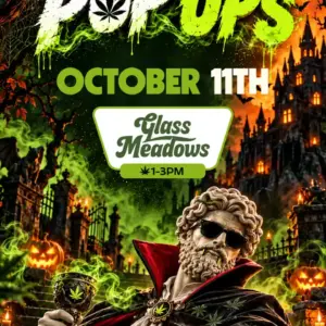 Vertical pop-up graphic for Glass Meadows on October 11th from 1 to 3PM, showing a Dracula-styled Theo statue among glowing jack-o'-lanterns