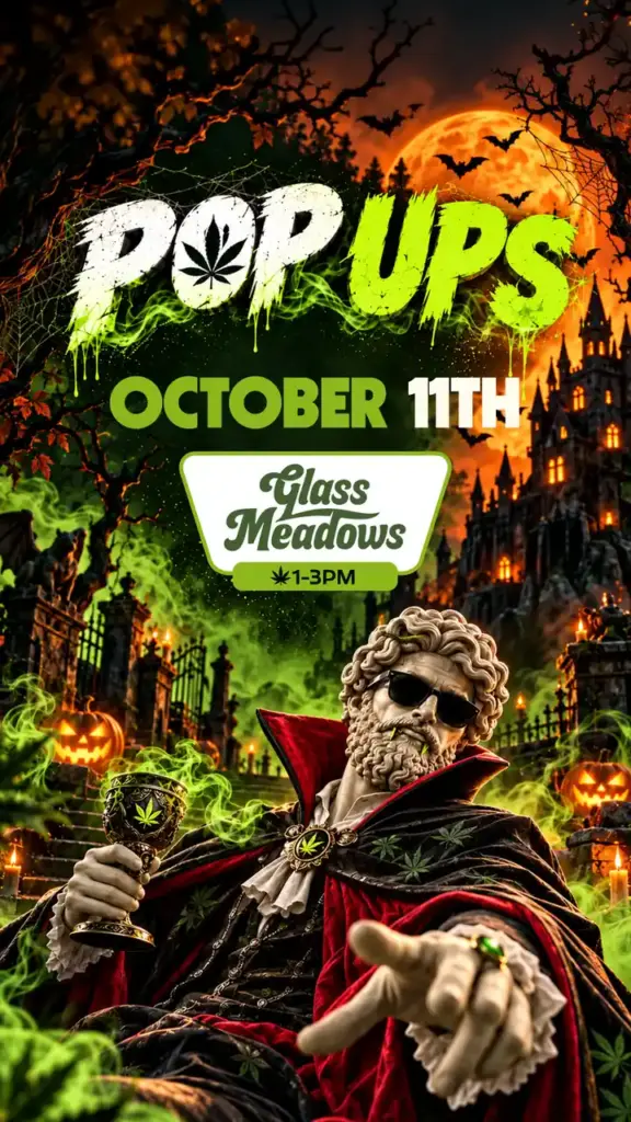 Vertical pop-up graphic for Glass Meadows on October 11th from 1 to 3PM, showing a Dracula-styled Theo statue among glowing jack-o'-lanterns