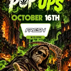 October 16th pop-up with FRESH from 12 to 2PM, set above a reaper-costumed Theo statue in a moonlit graveyard
