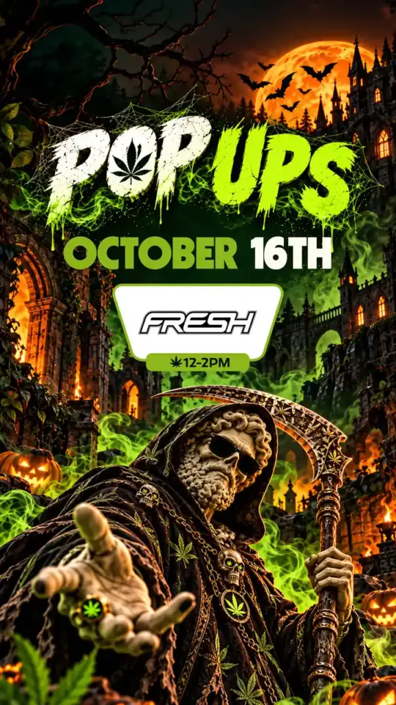 October 16th pop-up with FRESH from 12 to 2PM, set above a reaper-costumed Theo statue in a moonlit graveyard
