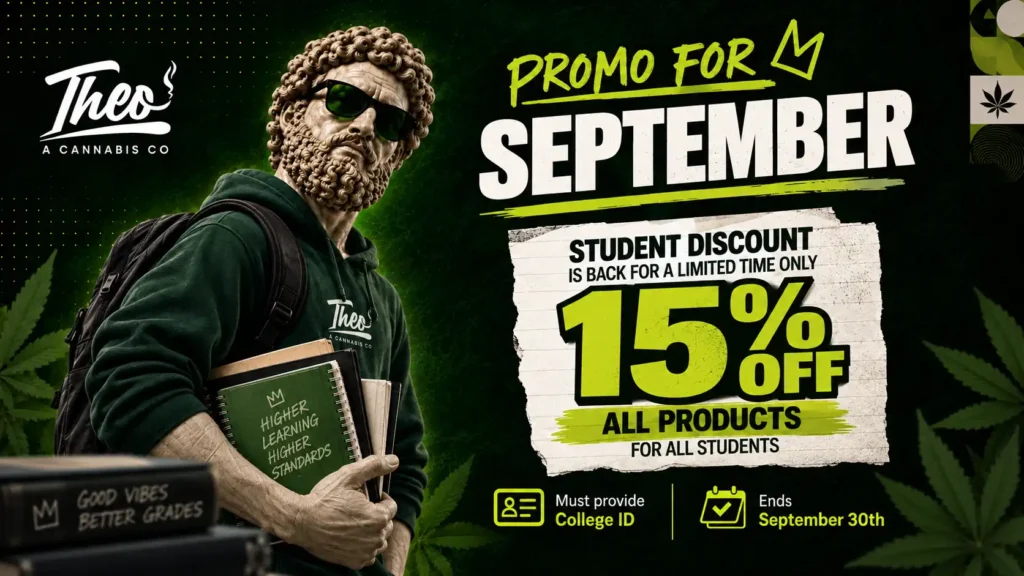 Side-by-side banner pairing the hoodie-wearing statue carrying books with bold torn-paper graphics reading 15% off all products for students, plus icons noting the college ID requirement and September 30th deadline