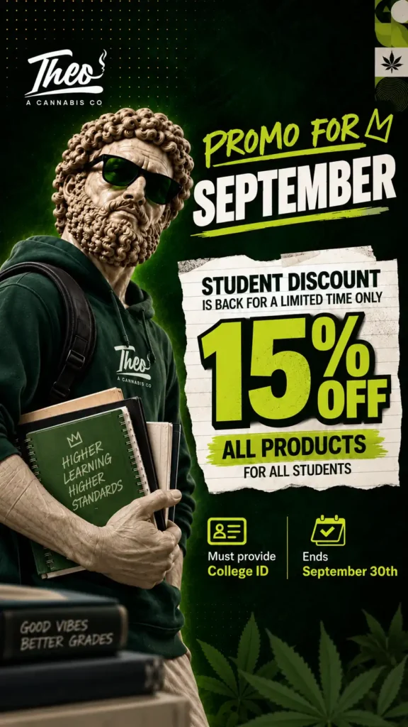 A statue dressed in a green Theo hoodie and backpack clutches a stack of notebooks labeled 'Higher Learning Higher Standards,' next to torn-paper text announcing 15% off for students with ID through September 30th