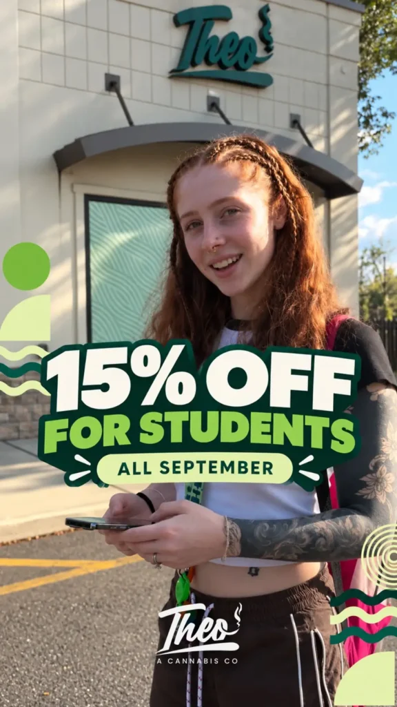 A smiling customer holding a phone outside the Theo storefront, with a "15% Off for Students, All September" promotional graphic