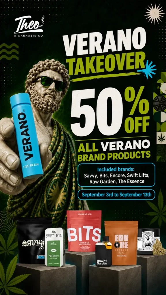Stacked vertical layout showing the Verano 50% off promotion dates and included brand list above a lineup of product pouches and a vape cartridge, with the toga-draped statue holding up the blue Verano device at top