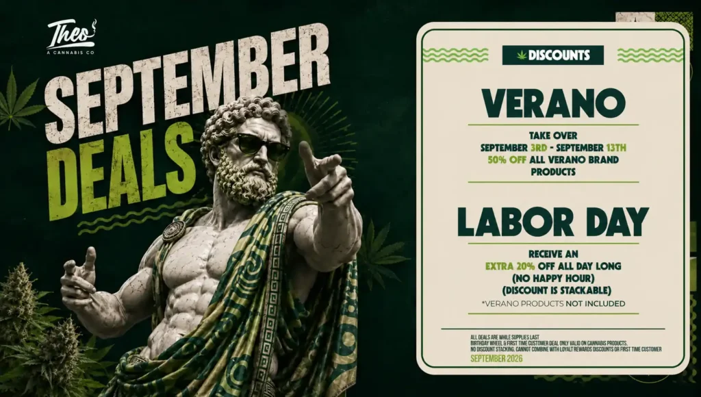 Two big swings close out Theo's September calendar: Verano brand takes over September 3–13 at half off, then Labor Day stacks an extra 20% on top of everything else.