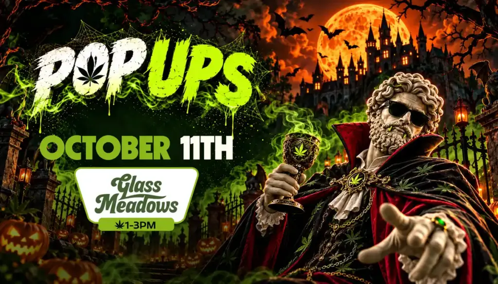 Glass Meadows pop-up at Theo Cannabis Co. on October 11th, 1–3PM, with the vampire-caped Theo mascot raising a goblet