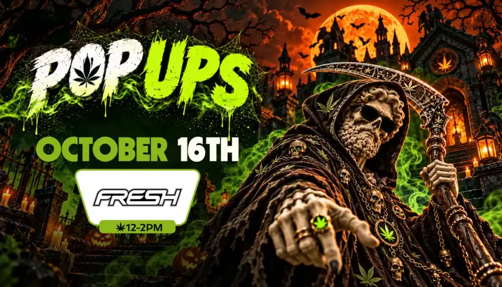 Hooded grim reaper Theo with a scythe pointing toward the October 16th FRESH pop-up from 12 to 2PM