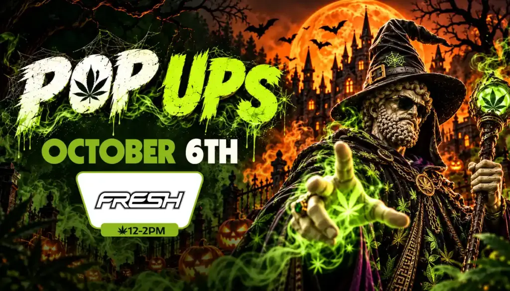 Theo pop-up event with FRESH on October 6th from 12–2PM, featuring the wizard-hatted Theo statue holding a glowing staff outside a haunted castle