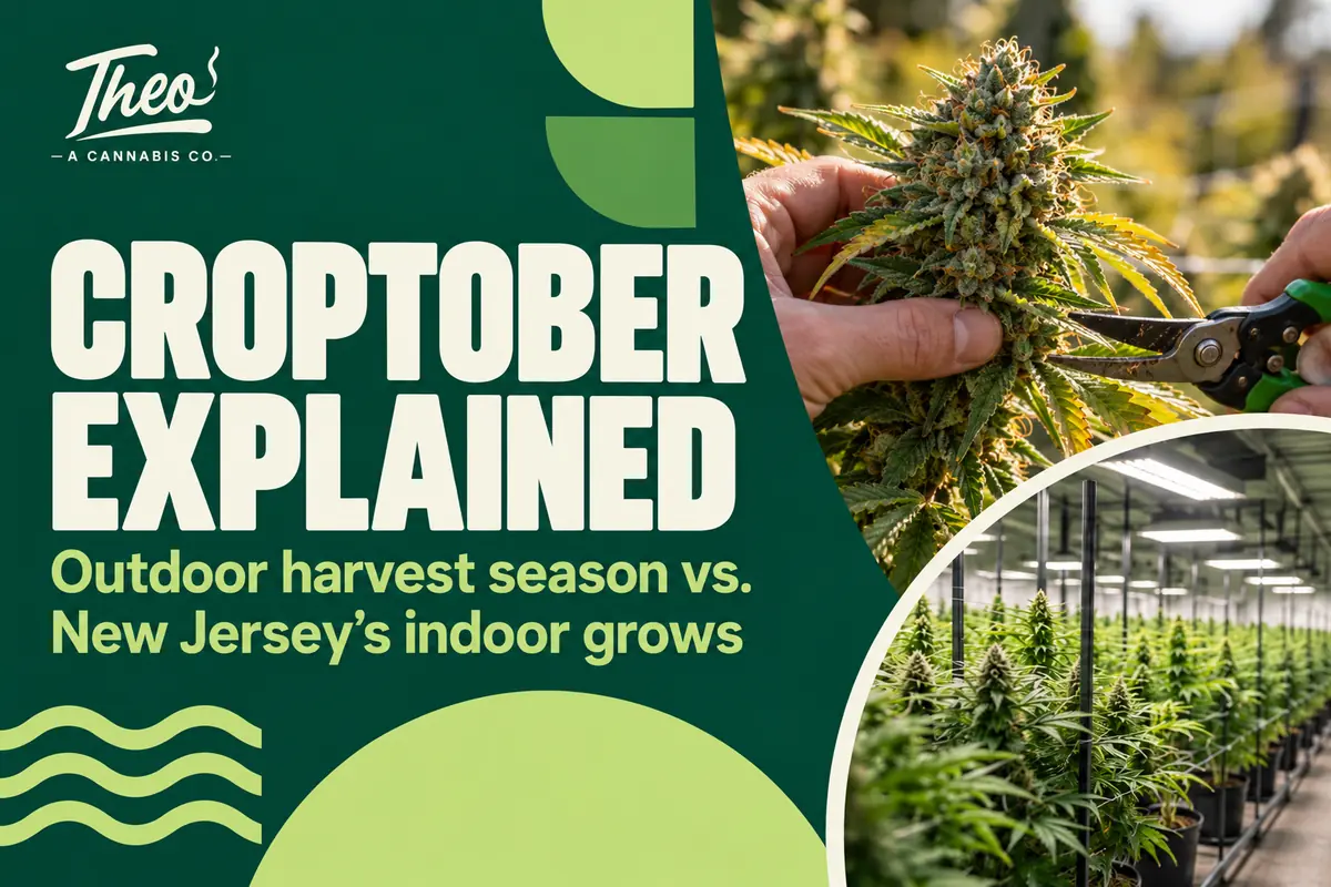Hands trimming a cannabis plant outdoors with pruning shears, next to an inset of a bright indoor grow room, for Theo’s guide to outdoor harvest season vs. New Jersey’s indoor grows