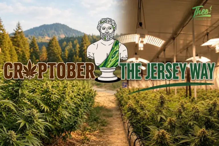 Split image of an outdoor cannabis farm and an indoor New Jersey grow room, with the words Croptober and The Jersey Way beside a classical bust