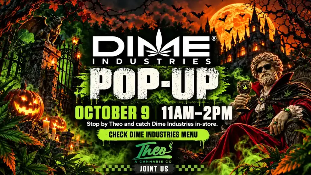 Dime Industries pop-up at Theo Cannabis Co. on October 9 from 11AM to 2PM, set in a moonlit gothic graveyard with a caped Theo statue seated on a throne beside a glowing jack-o’-lantern