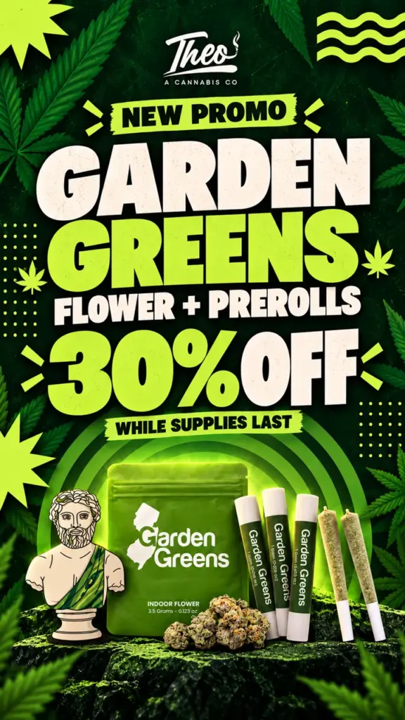 Garden Greens flower and prerolls at 30% off while supplies last at Theo, shown with a Greek bust, a 3.5g bag of indoor flower and preroll tubes on a mossy rock