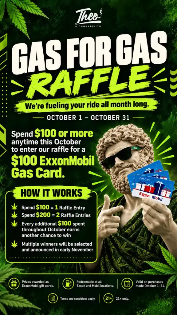 Smiling Theo statue in sunglasses fanning out ExxonMobil gift cards for the October Gas for Gas Raffle, open to customers 21 and over