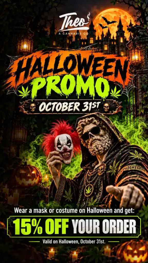 Theo statue in a dark robe lifting a red-haired clown mask, promoting 15% off for customers in costume on Halloween