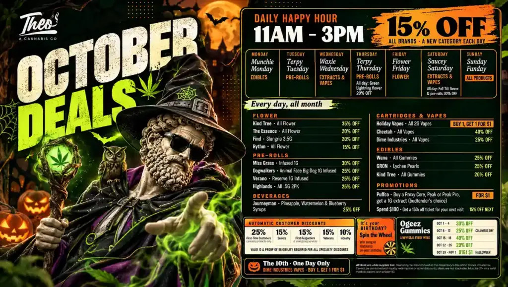 Theo Cannabis Co. October deals menu with a daily 11AM–3PM happy hour at 15% off a new category each day, plus month-long brand discounts on flower, pre-rolls, vapes, edibles, and beverages