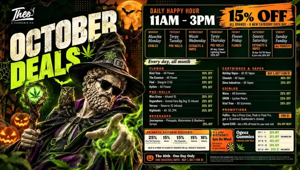Theo Cannabis Co. October deals menu with a daily 11AM–3PM happy hour at 15% off a new category each day, plus month-long brand discounts on flower, pre-rolls, vapes, edibles, and beverages