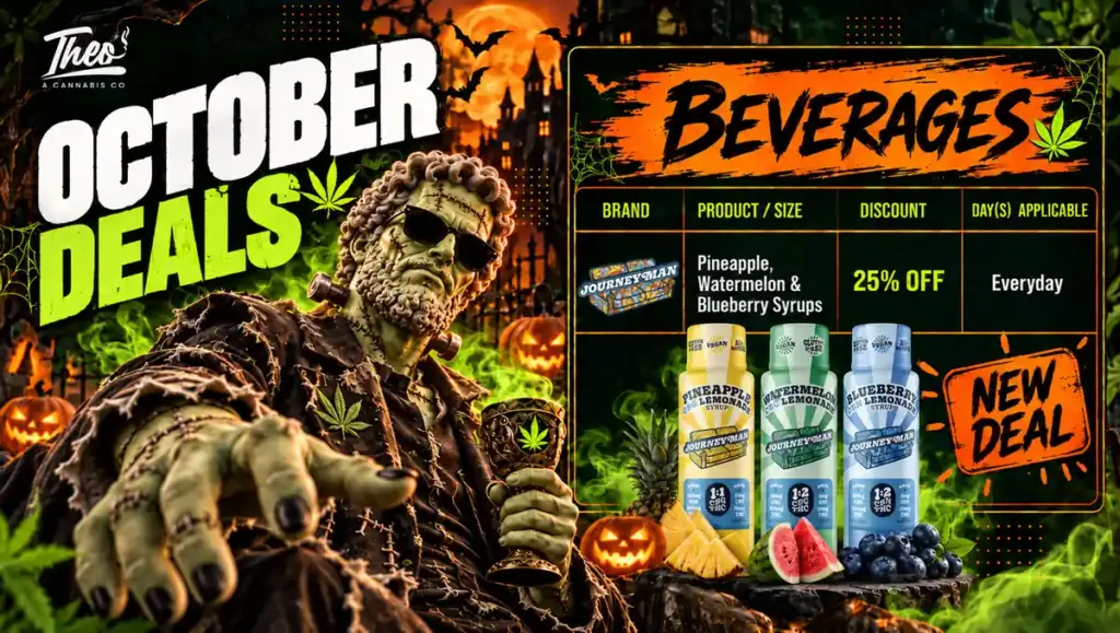 Journeyman pineapple, watermelon, and blueberry lemonade syrup bottles with a new October deal of 25% off every day at Theo Cannabis Co.