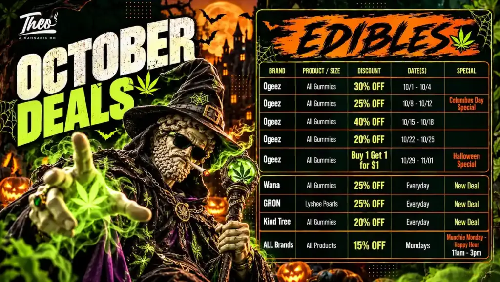 Weekly Ogeez gummies deal schedule for October at Theo Cannabis Co., ending with a Buy 1 Get 1 for $1 Halloween special, plus everyday discounts on Wana, GRON, and Kind Tree