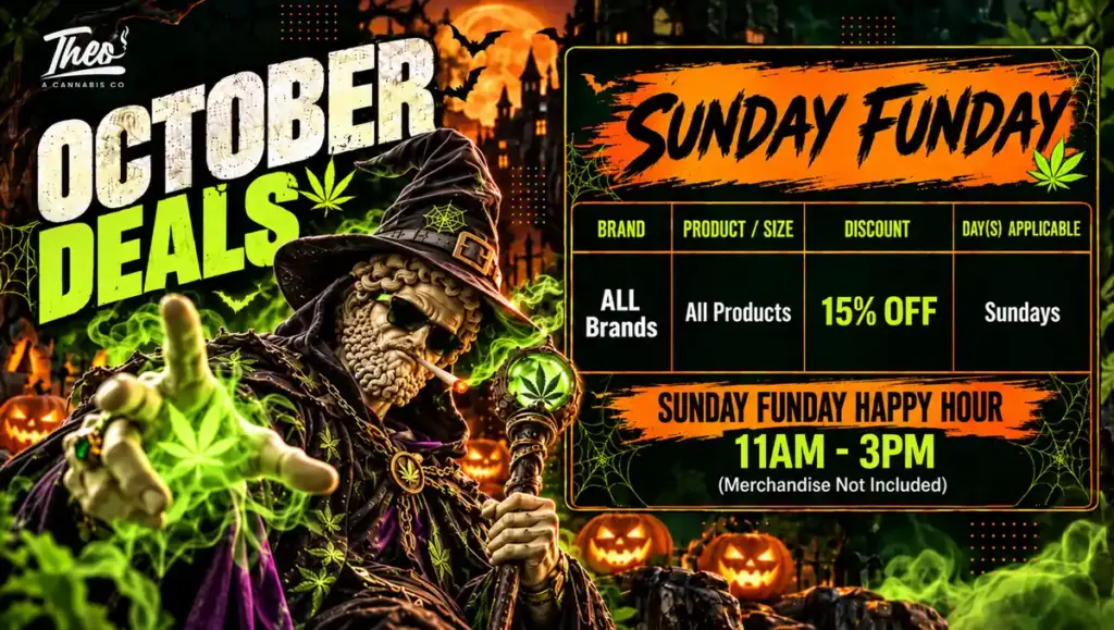 Wizard-hatted Theo statue casting a green glow beside the Sunday Funday promo: 15% off all brands and products from 11AM to 3PM, merchandise excluded