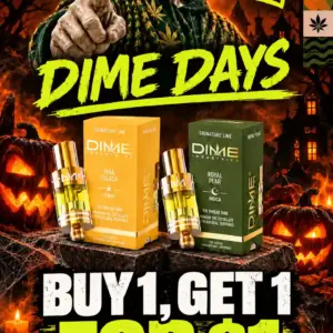 Dime Days at Theo Cannabis Co.: buy 1, get 1 for $1 on all Dime Industries vapes on October 10th, featuring Piña Colada and Royal Pear cartridges below a Theo statue in a green hoodie pointing forward