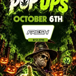 Wizard Theo reaching forward through green mist below the October 6th FRESH pop-up details, 12 to 2PM