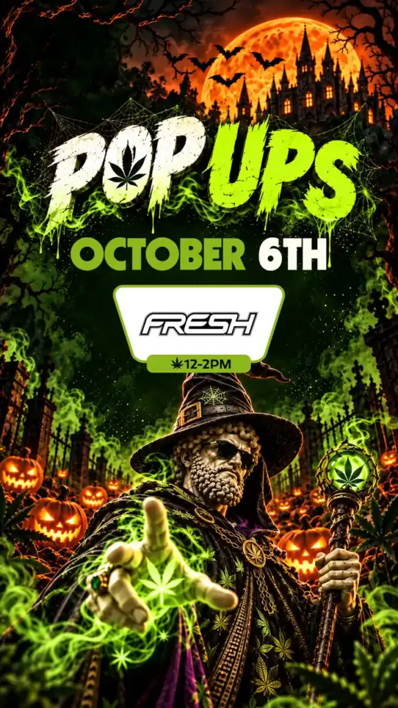 Wizard Theo reaching forward through green mist below the October 6th FRESH pop-up details, 12 to 2PM
